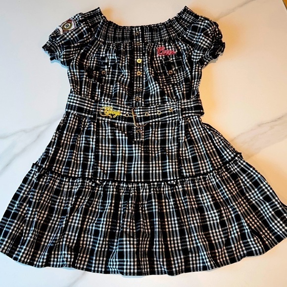 COOGI Off Shoulder Plaid Mini Dress Patches Rhinestone Belt - Picture 1 of 10